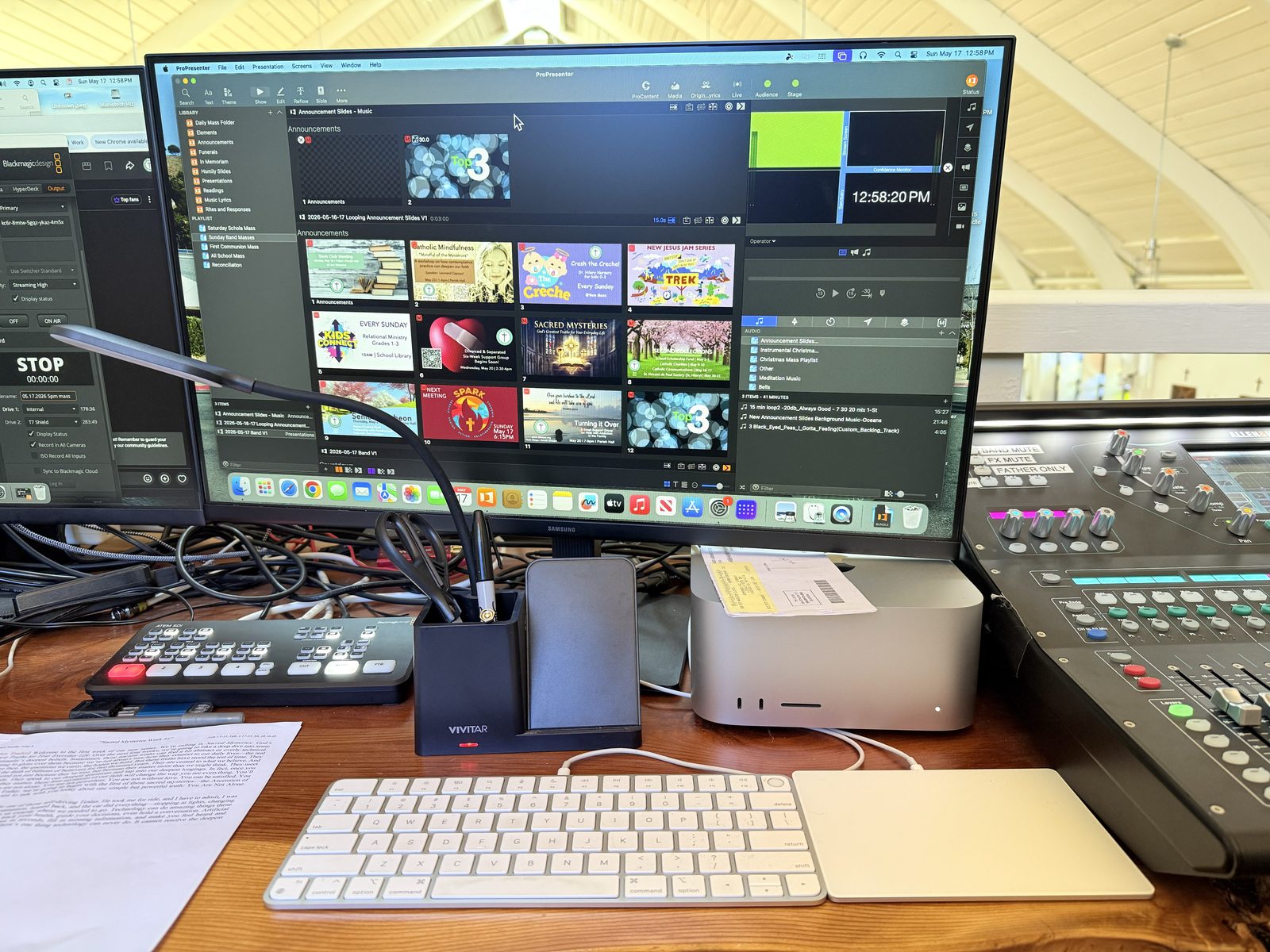 ProPresenter operator workstation showing announcement slides and playlist
