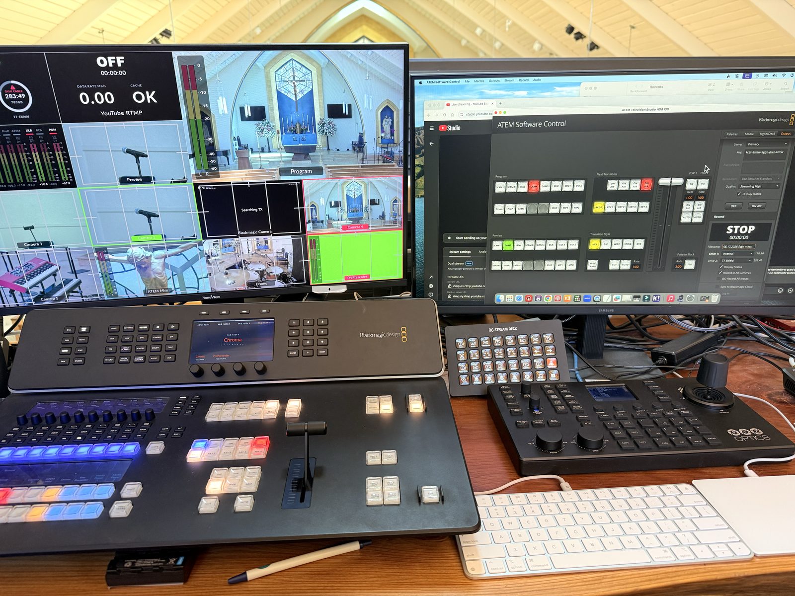 Live video switcher station — Blackmagic ATEM control panel with multiviewer monitors