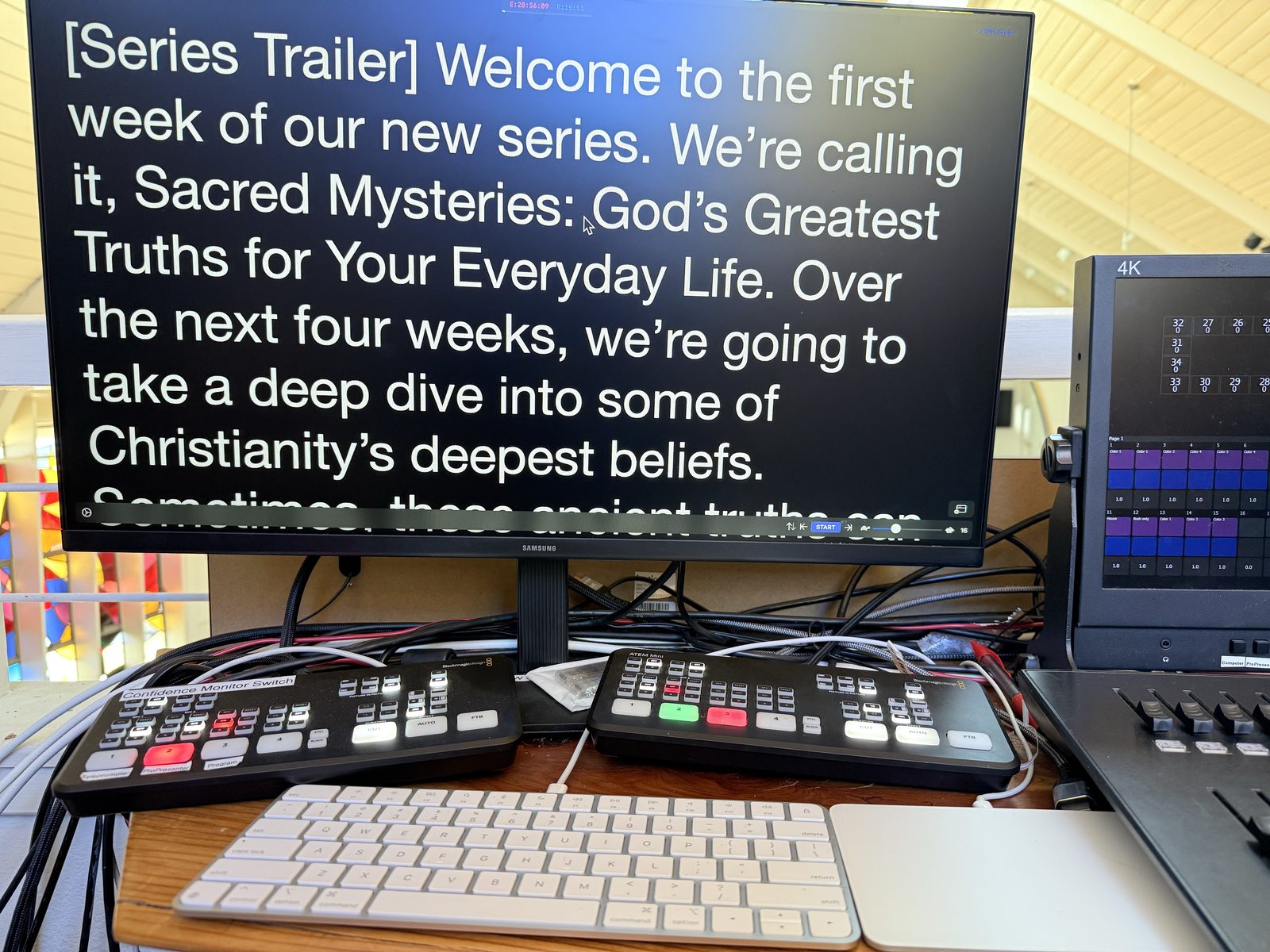 Teleprompter monitor displaying script for the celebrant
